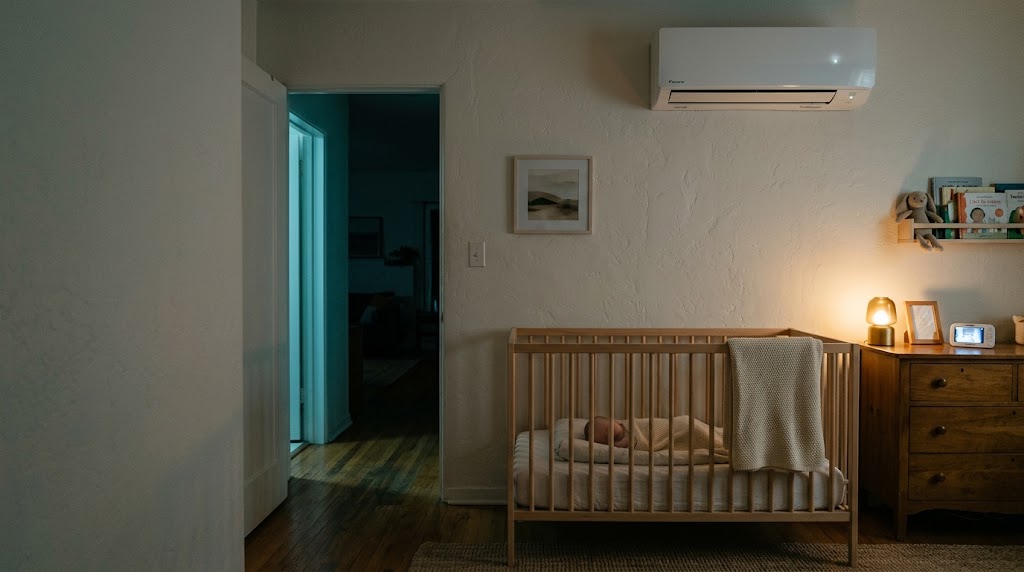 Wall-mounted ductless mini-split in a dark nursery at night, crib placed to the side of the airflow