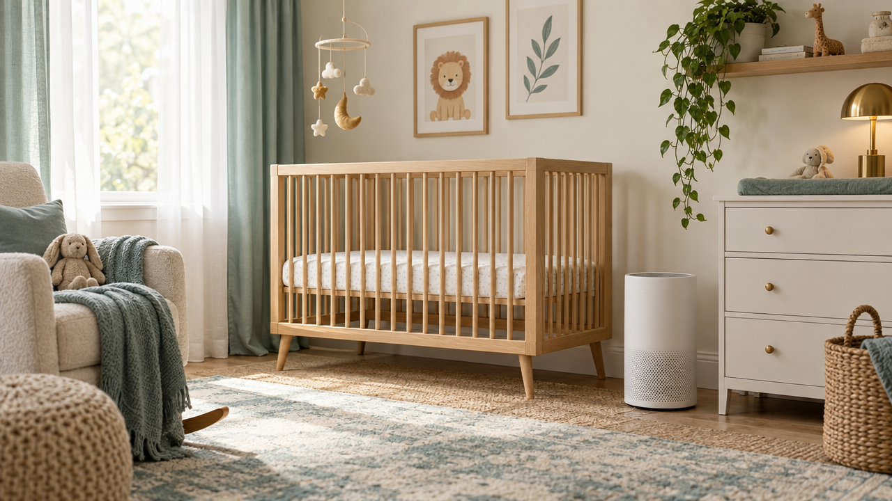A plain white portable air purifier on the floor beside a dresser in a bright nursery, a few feet from an empty crib