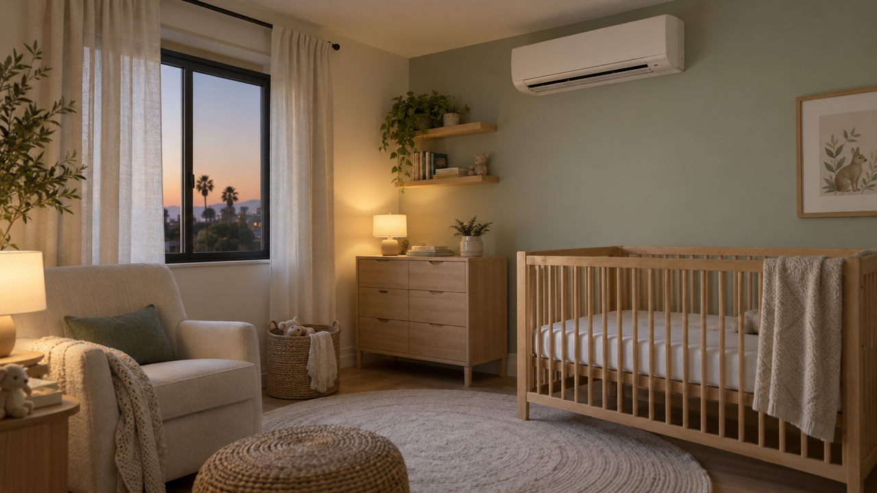 A quiet nursery at dusk with a white wall-mounted mini split high on the wall, its airflow aimed along the wall and away from the crib