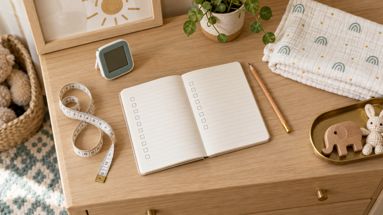 A measuring tape, a small thermometer-hygrometer and an open notebook with a checklist on a nursery dresser
