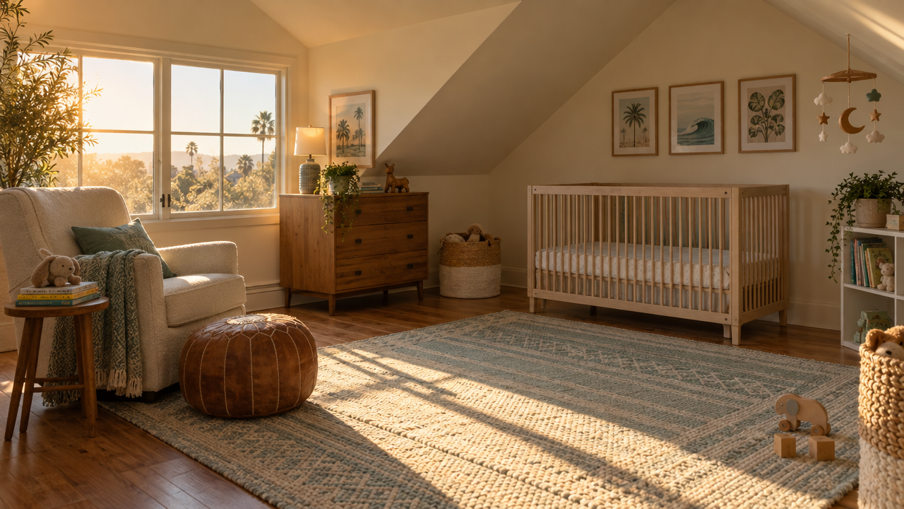 An upstairs nursery under a sloped ceiling with strong late-afternoon sun through a west-facing window and an empty crib in the shade